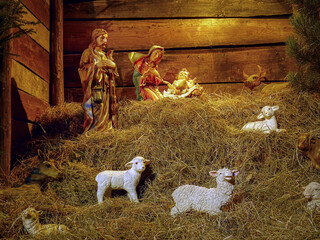 Traditional Christmas crib figures representing Holy Family and animals
