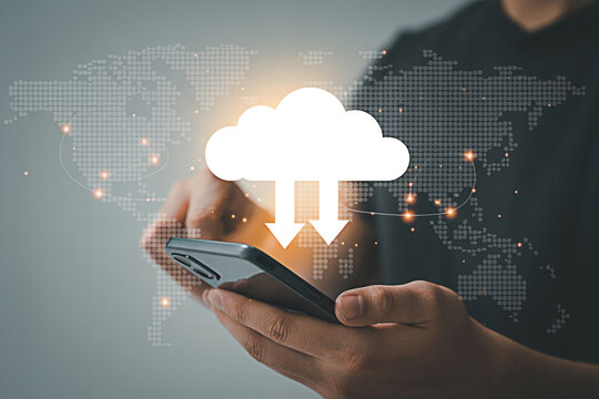 Cloud computing services data storage and sharing on mobile phone with world map background concept - Powered by Adobe