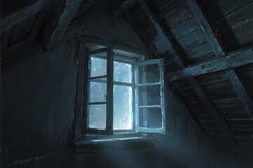 Open window in dark attic showing a starry night sky wooden beams and textured walls