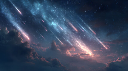 Stunning meteor shower illuminates night sky, surrounded by twinkling stars and cosmic beauty