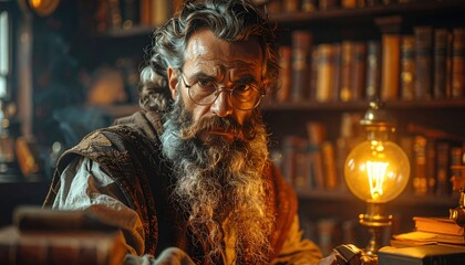 Wise old man with glasses sitting in a candlelit study surrounded by antique books symbolizing wisdom introspection and the timeless search for knowledge and truth