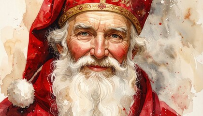 Cheerful watercolor portrait of elderly man in red robe with golden embroidery symbolizing holiday spirit generosity warmth and humanity with artistic brushwork and gentle colors