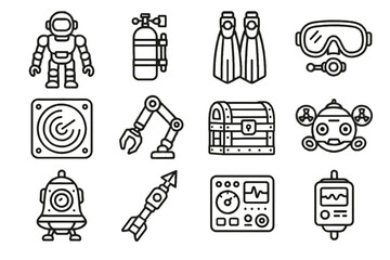 Fototapeta premium Drone icons control sonar diver mechanical exploration oxygen chest icon robot data