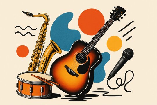 A contemporary art collage features musical instruments on a light background with abstract design elements