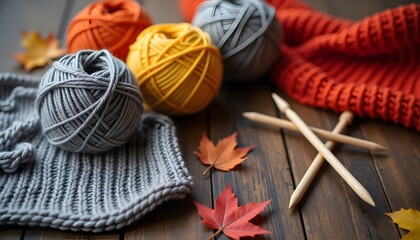 Cozy autumn scene with yarn, knitting needles, and colorful leaves