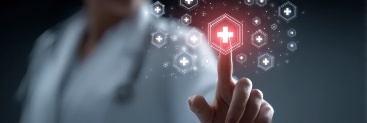 Medical Tech Touch: A medical professional interacting with a holographic interface, embodying the future of healthcare technology and innovation.