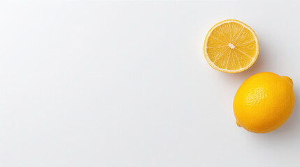 Fresh lemon half and whole on clean white background with bright natural light conveying fresh citrus zest and minimal modern composition