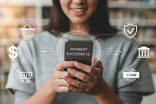 Mobile payment successful online shopping e commerce digital banking secure transaction technology app