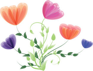 Colorful Abstract Flowers with Green Leaves on White Background