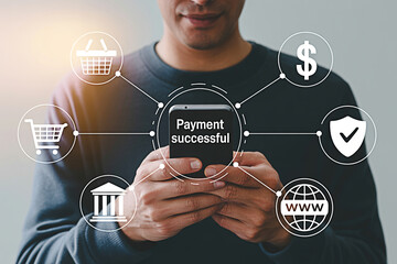 Mobile payment successful online shopping e commerce secure transaction digital banking technology hundred