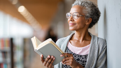 happy senior woman reading a book in a modern library