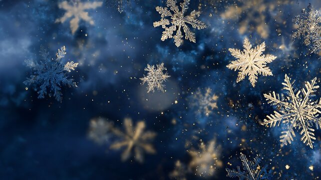 A captivating display of silver snowflakes falling against a dark blue background, creating a serene and enchanting winter scene
