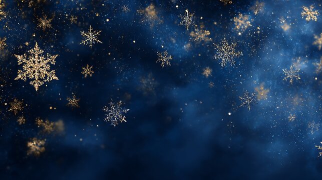 Elegant christmas background with golden snowflakes falling on a dark blue surface creating a festive and enchanting winter wonderland scene