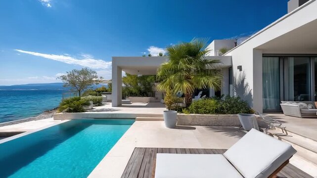 A modern beachfront villa with a rectangular pool, white sun loungers, palm trees, and an ocean view.