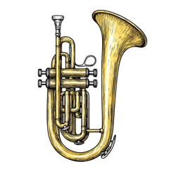 Fototapeta premium Engraving Style of Cornet Instrument with Compact Design and Unique Finish, isolated on transparent background.