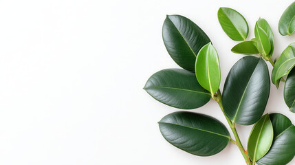 Lush green rubber plant leaves arranged on white background create minimal botanical composition with soft light and negative space evoking calm modern interior styling