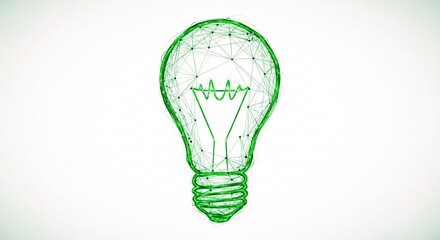 Digital Green Light Bulb Eco Innovation, Green Energy, Sustainability Concept, Clean Tech, Futuristic Design, Environmental Awareness, Wireframe Visualization