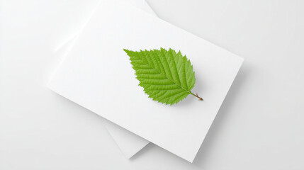 Green leaf on white paper card minimal botanical background positioned diagonally natural texture fresh foliage calm eco concept