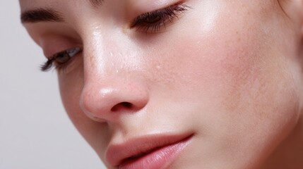 Fototapeta premium Close-up of a woman's face. she has fair skin and her eyes are closed, with her eyelashes slightly parted.