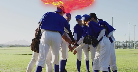seven female baseball players reacting to hand reach in outfield, stacking gloves for pregame cheer - Powered by Adobe