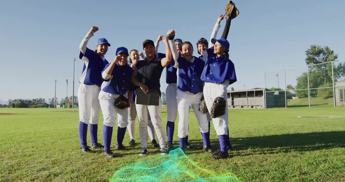 Baseball team shifting on coach signaling, raising gloves as neon wave swirling at feet celebrating