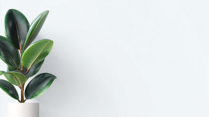 Potted rubber plant with glossy green leaves and modern minimal composition creating fresh natural decor and calm atmosphere for interior styling and eco living