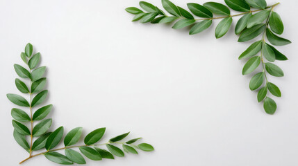 Fresh green leaf branch frame with minimalist white background creates modern eco layout and natural feeling for product or text placement
