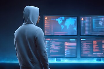 Person in gray hoodie stands in front of several screens with data and maps, engaged in a high-tech atmosphere, illustrating cybersecurity and digital focus