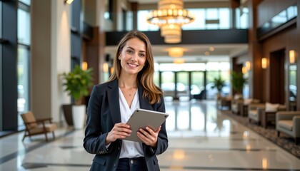 Businesswoman Networking in a Hotel Lobby Professional Environment Engaged Atmosphere Modern Viewpoint