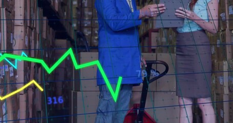 Colleague grabbing tablet and showing shifting graphs while operator gesturing for warehouse metric - Powered by Adobe