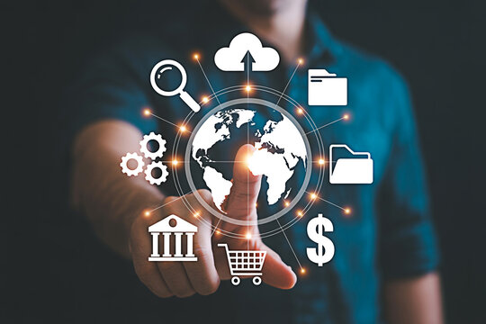 Global network technology concept businessman touching world map with digital marketing icons around it