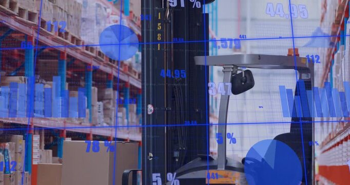 Analytics activating forklift advancing updating metrics while stacking boxes boosting throughput