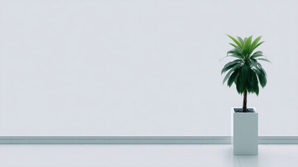 Modern potted tree minimalist interior green plant in white planter against blank wall creating calm contemporary atmosphere