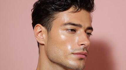 Fototapeta premium Close-up portrait of a young man's face. he appears to be in his late twenties or early thirties, with dark hair styled in a slicked-back manner.