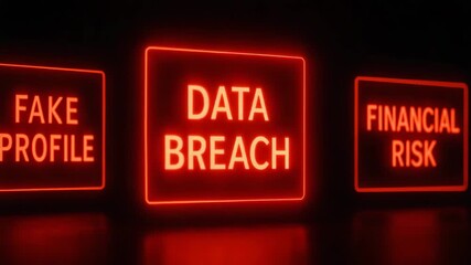 Illuminated warning signs display concerning terms such as Data Breach, highlighting the risks in digital security. - Powered by Adobe