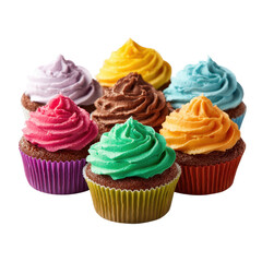 Colorful cupcakes with vibrant frosting arranged in a circle on a plain background isolated on transparent background