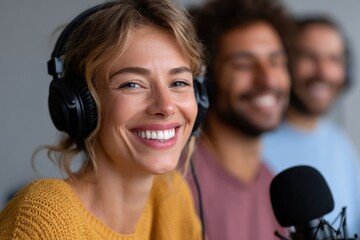 Smiling Woman in Podcast Studio