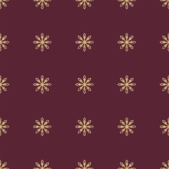 Seamless Christmas pattern. Grunge grainy snowflake texture. Festive endless vintage print. New Years vector. For textile, wallpaper, wrapping design. Golden snowflakes on burgundy background.