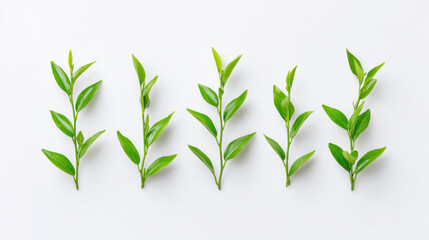 Fresh green leaf sprig on white background, natural organic lifestyle concept with five small branches arranged in row creating clean botanical composition