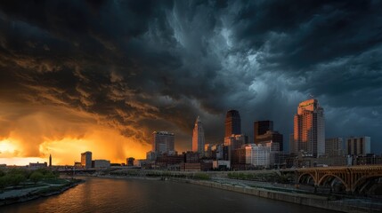 Obraz premium Stormy sunset over modern city skyline