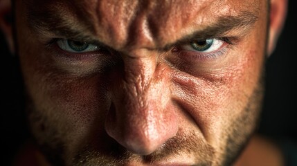 Aggressive man with intense angry stare and furrowed brow in dramatic lighting close-up