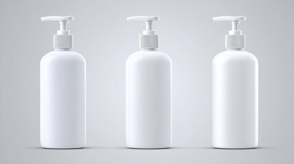 White plastic pump bottles arranged in row on clean neutral background conveying hygiene care dispensed lotion and minimalist packaging design for personal care product promotion