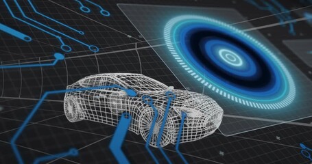 Wireframe sedan receiving circuit lines while rotating circular HUD demonstrating tech integration - Powered by Adobe