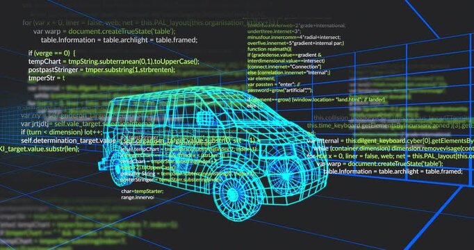 At startup blue grid forming, cyan wireframe van appearing and code scrolling representing build
