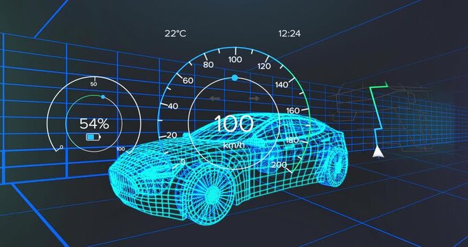Navigation arrow appearing sparking cyan car accelerating decelerating in grid tunnel showing speed