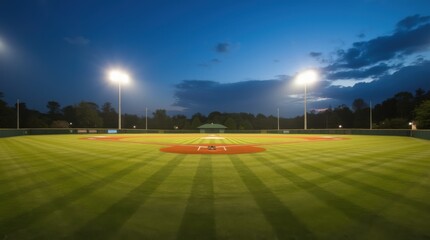 Illuminated baseball diamond at twilight. A well-maintained baseball field, lit by powerful stadium lights, is captured at dusk. 
