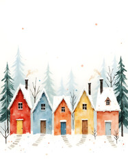 Watercolor village scene with colorful houses in a snowy winter landscape