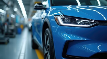 Modern electric car on assembly line. Automated vehicle production in a brightly lit factory 