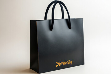 Stylish black shopping bag with 'Black Friday' text on a light background. Perfect for retail, sales, discount events, and holiday promotions. Represents consumerism and special offers.