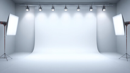White photography studio with softbox lights spotlight fixtures seamless backdrop illuminated for product portrait and commercial shoot bright professional environment calm mood